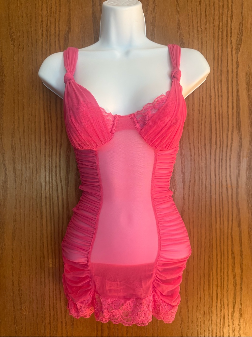 Frederick’s of Hollywood Pink Mesh Lace Ruched Chemise Babydoll Corset Knotted
